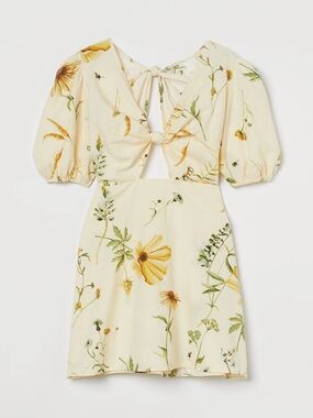 H&M Wildflower Linen-Blend Cut-Out Front Knot Mini Dress Large NWT
